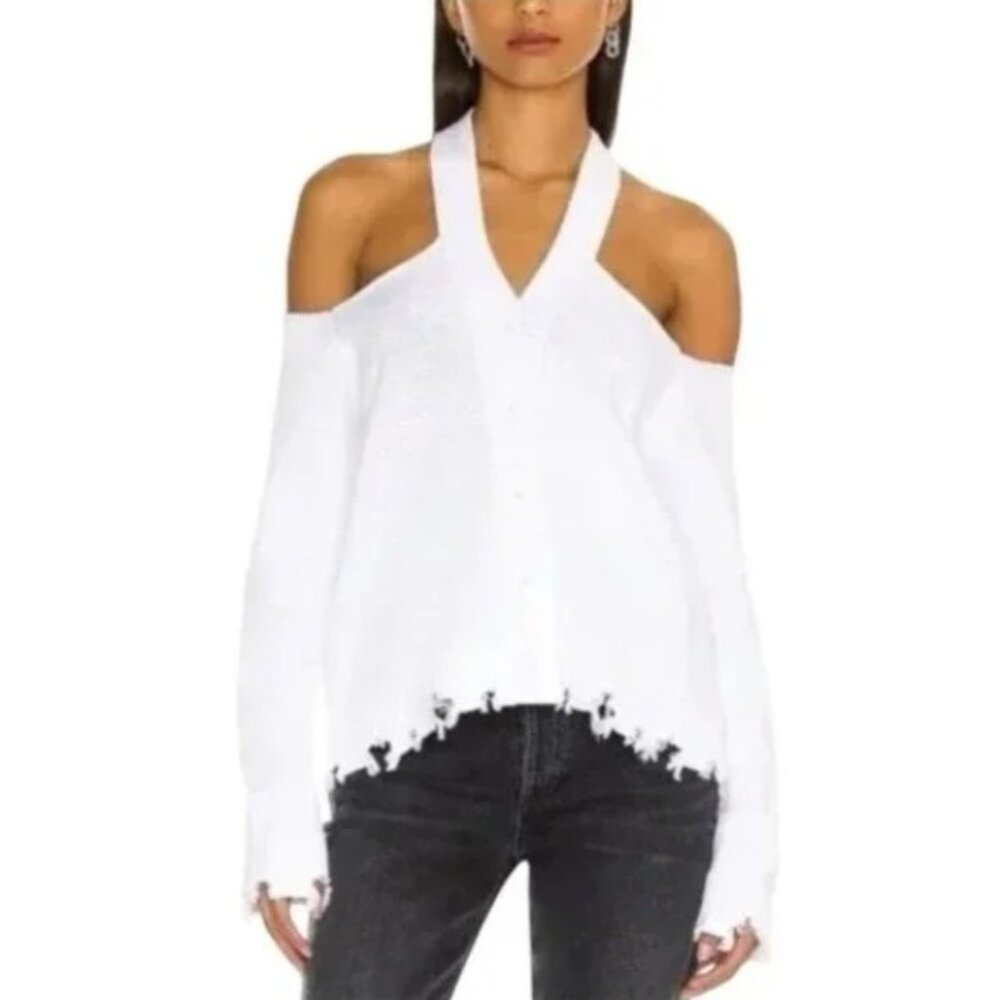 525 America Off-the-Shoulder White Sweater with Frayed Hem - Picture 2 of 2